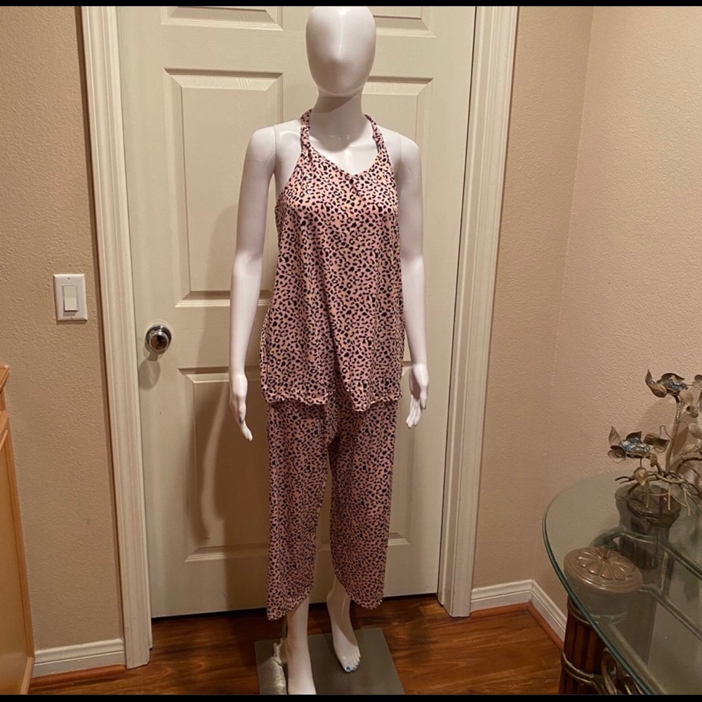 Banded neckline and knee length Pj set.
